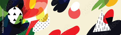 Art colorful header with black and white textures and colored freehand shapes.