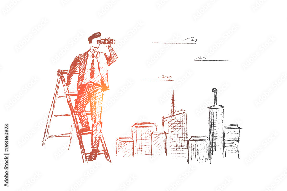 Vector hand drawn searching concept sketch. Businessman standing on stepladder and looking through binoculars with big city at background. - obrazy, fototapety, plakaty 