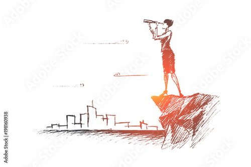 Vector hand drawn searching concept sketch. Business woman standing on the edge of rock and looking forward through spyglass with scyscrapers of big city at background.