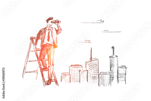 Vector hand drawn searching concept sketch. Businessman standing on stepladder and looking through binoculars with big city at background.