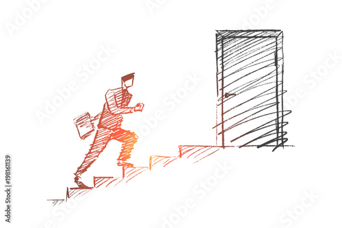 Vector hand drawn time and work concept sketch. Business man in hurry running up the stairs to open office door.