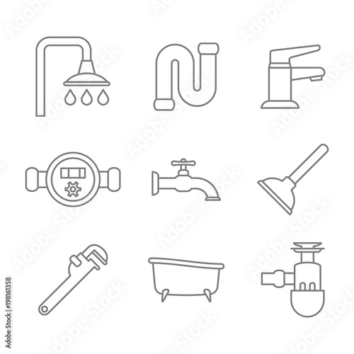 monochrome vector set with line  plumbing icons for your design
