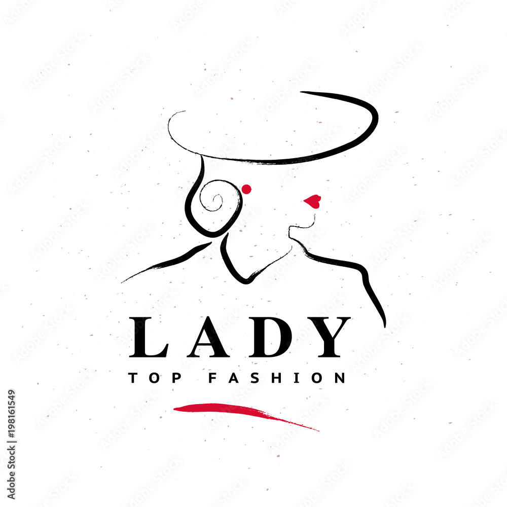Vector artistic logo with hand drawn lady in hat portrait isolated on ...