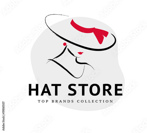 Vector artistic logo with hand drawn lady in hat portrait isolated on white background. Outline drawing. Good for women accessory & cloth boutique, cosmetic shop, girl care salon, fashion store emblem