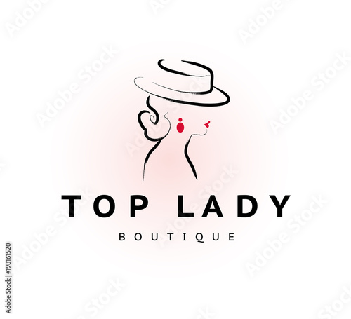 Vector artistic logo with hand drawn lady in hat portrait isolated on white background. Outline drawing. Good for women accessory & cloth boutique, cosmetic shop, girl care salon, fashion store emblem