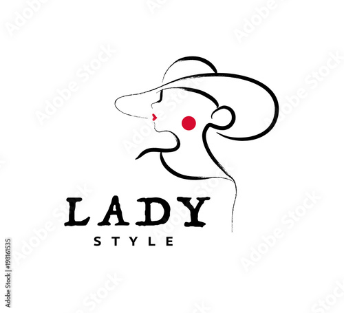 Vector artistic logo with hand drawn lady in hat portrait isolated on white background. Outline drawing. Good for women accessory & cloth boutique, cosmetic shop, girl care salon, fashion store emblem