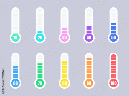 Goal thermometers at different levels. Vector illustration