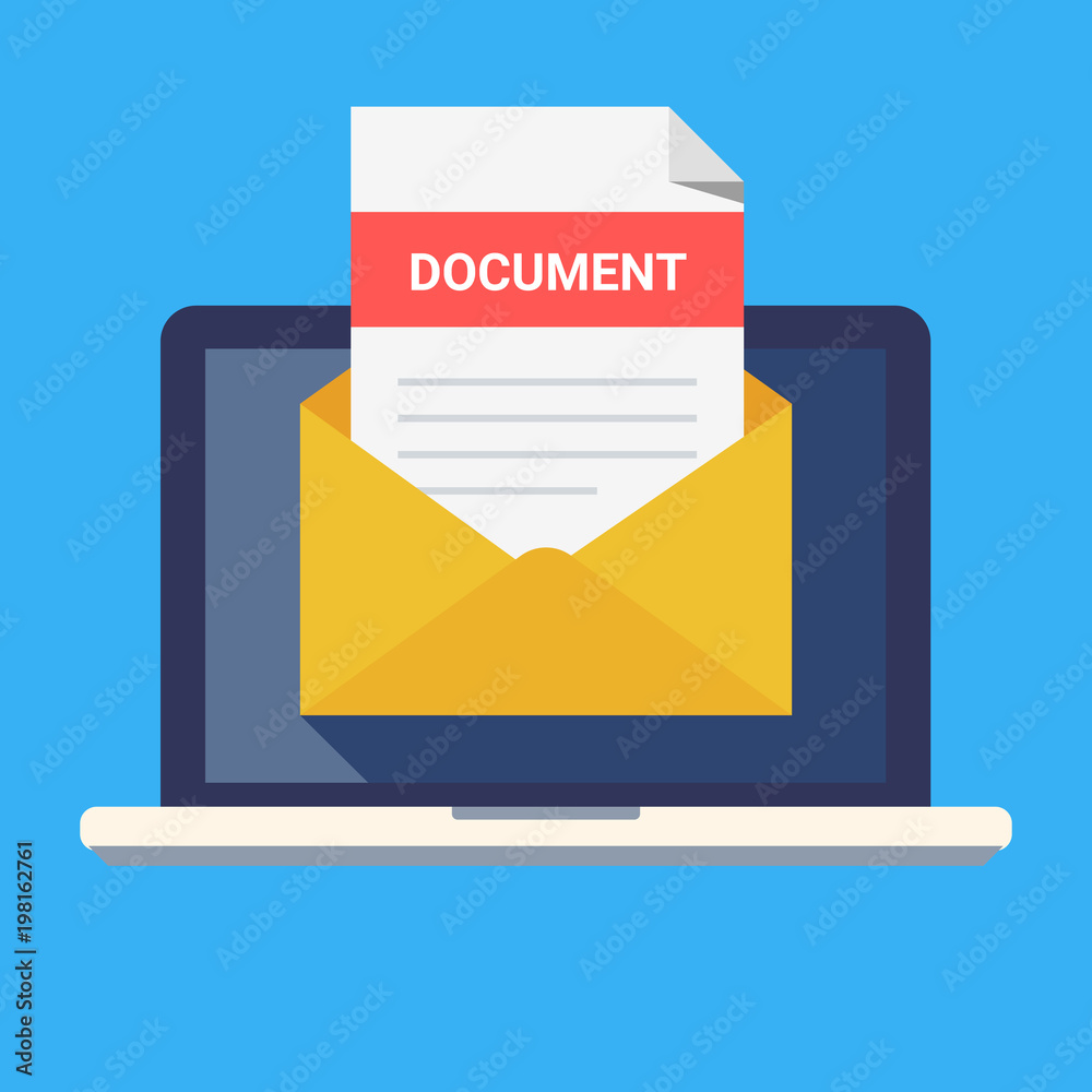 Laptop and envelope with document. Email with document header, subject line. Modern flat design vector illustration. Laptop and envelope with document. Email with document header, subject line. Modern flat design vector illustration.