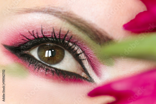 Women's makeup brown green eyes with red eye shadow,dark eyeliner and a Tulip close up.