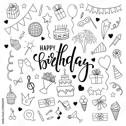 big set of hand drawn doodle cartoon objects and symbols on the birthday party. Hand drawn brush pen lettering Happy birthday. design for holiday greeting card and invitation of baby shower, birthday