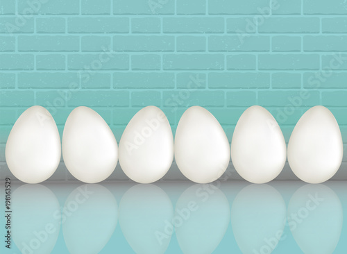 A six white chicken eggs on blue color brick wall background with reflaction. Natural ecological protein product. Healthy food. Dietary meal. Easter symbol. Realistic 3d Vector illustration.