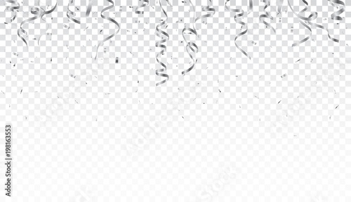 Silver confetti and ribbon isolated on transparent background