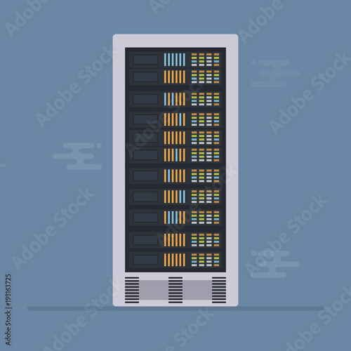 cloud servers. Thick lines and flat style illustration. Server with display and abstract lines.