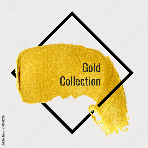 Gold hand drawn paint brush stroke with black frame. Abstract vector golden acrylic smear spot. High detailed gold glittering textured palette knife paint stroke