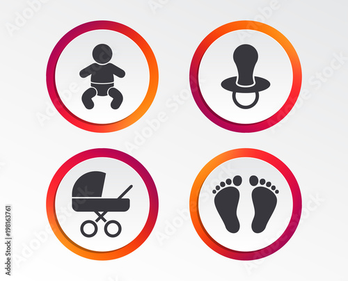 Baby infants icons. Toddler boy with diapers symbol. Buggy and dummy signs. Child pacifier and pram stroller. Child footprint step sign. Infographic design buttons. Circle templates. Vector