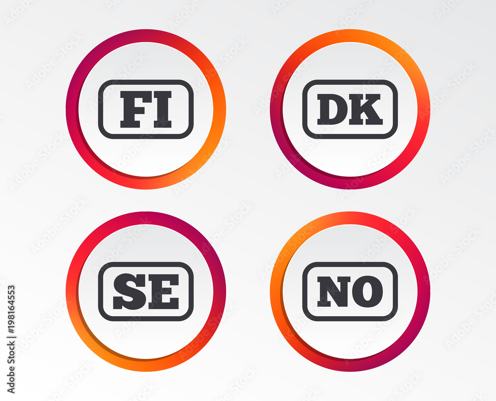 Language icons. FI, DK, SE and NO translation symbols. Finland, Denmark, Sweden and Norwegian languages. Infographic design buttons. Circle templates. Vector Language icons. FI, DK, SE and NO translation symbols. Finland, Denmark, Sweden and Norwegian languages. Infographic design buttons. Circle templates. Vector