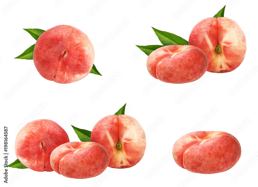 Three fresh chinese flat donut peaches with leaf isolated on white with clipping path Three fresh chinese flat donut peaches with leaf isolated on white with clipping path