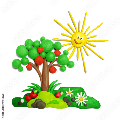 Color illustration of plasticine. Summer landscape with meadow, tree, flowers and sun.