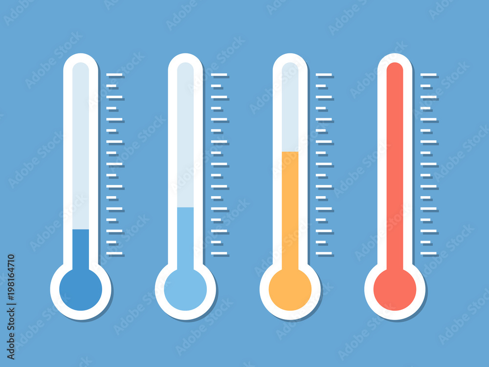 Blue, yellow and red flat thermometer indicators illustration - obrazy, fototapety, plakaty 
