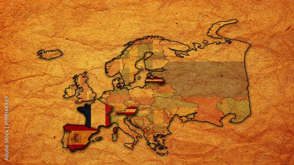 Vintage political map of europe with flashing flags of european ...