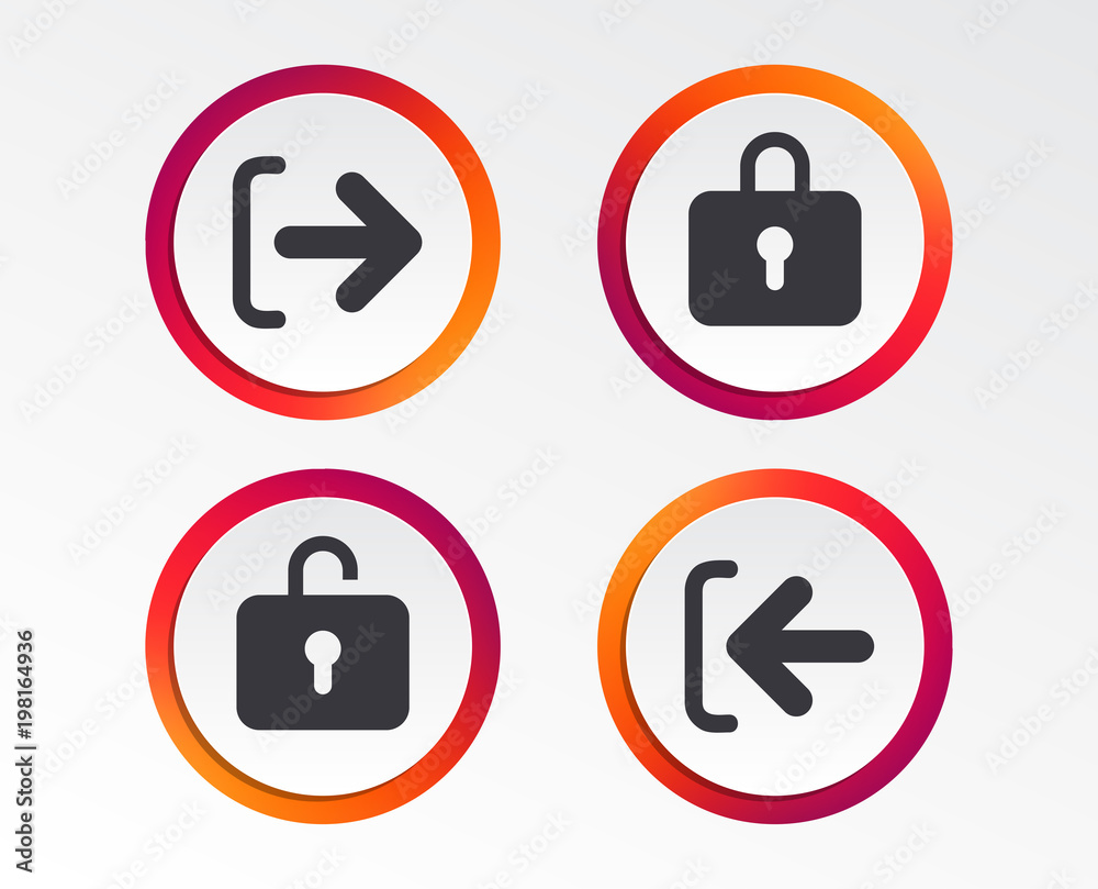 Login and Logout icons. Sign in or Sign out symbols. Lock icon. Infographic design buttons. Circle templates. Vector Login and Logout icons. Sign in or Sign out symbols. Lock icon. Infographic design buttons. Circle templates. Vector