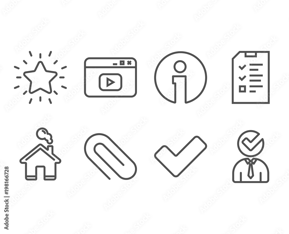 Set of Interview, Paper clip and Rank star icons. Video content, Tick and Vacancy signs. Checklist file, Attach paperclip, Best result. Browser window, Confirm check, Businessman concept. Vector Set of Interview, Paper clip and Rank star icons. Video content, Tick and Vacancy signs. Checklist file, Attach paperclip, Best result. Browser window, Confirm check, Businessman concept. Vector