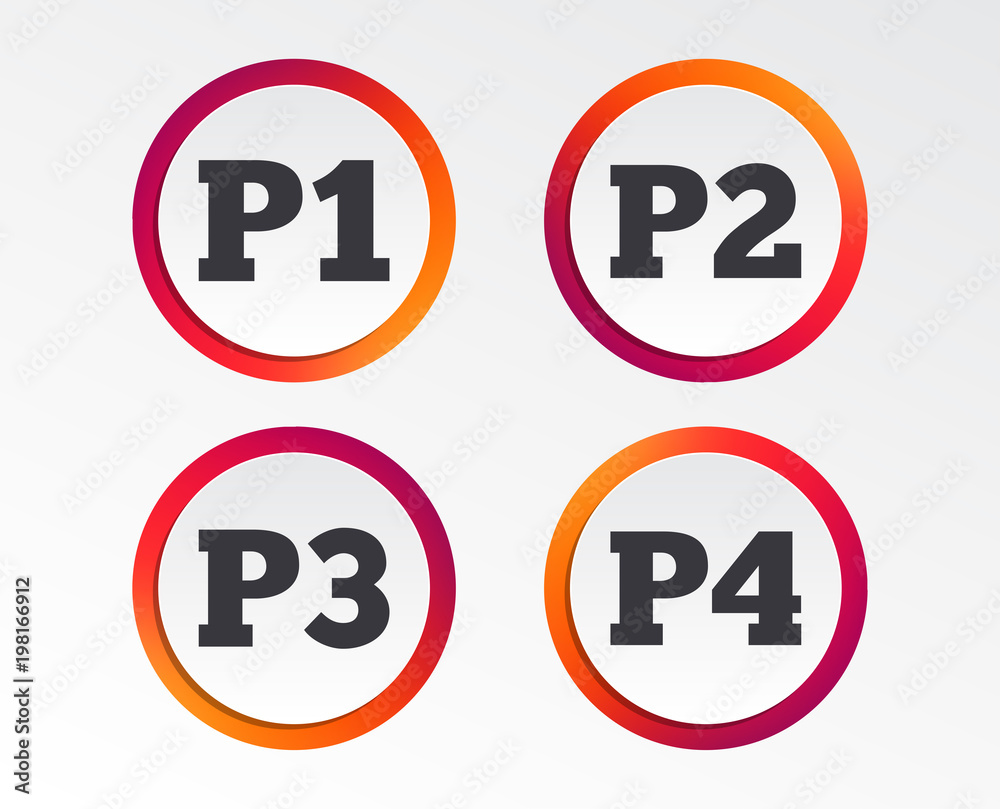 Car parking icons. First, second, third and four floor signs. P1, P2, P3 and P4 symbols. Infographic design buttons. Circle templates. Vector Car parking icons. First, second, third and four floor signs. P1, P2, P3 and P4 symbols. Infographic design buttons. Circle templates. Vector
