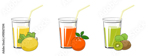 Set of Fresh Fruit Juices, Melon with Orange and Kiwifruit , Glass with Juice and a Straw Isolated on White Background , Summer Refreshing Drink, Vector Illustration