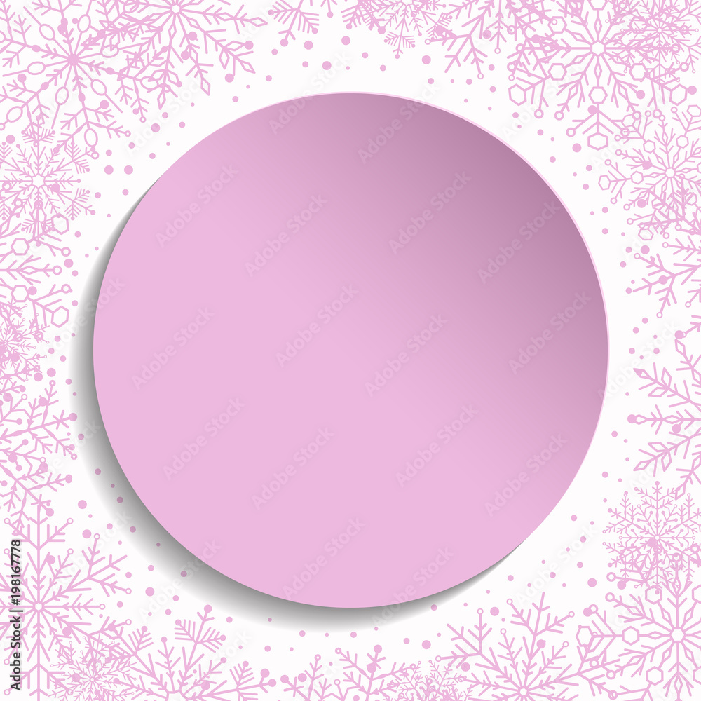 Nice vector card for holiday with arabesques and snowflakes. Pink greeting card. Pattern with snowflakes