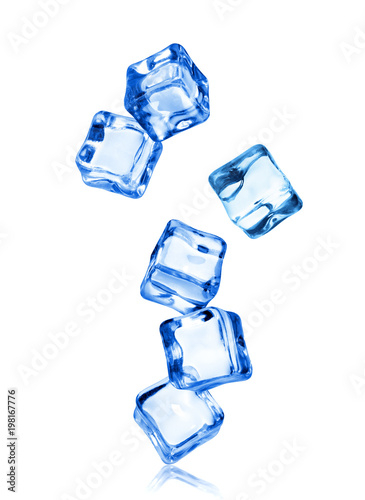 Ice cubes in dynamic motion frozen in the air, isolated on white background