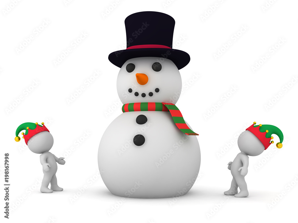 3D Characters in Elf Hats Looking Up at Large Snowman