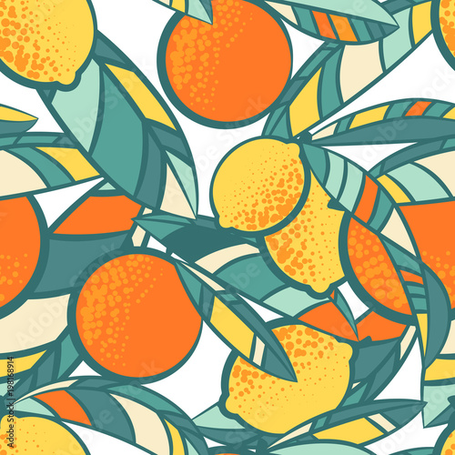 Oranges and lemons vector summer seamless pattern. Citrus tropical background