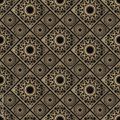 Islamic vector design. Seamless pattern oriental ornament. Black and golden textile print. Floral tiles.