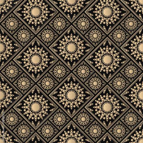Islamic vector design. Seamless pattern oriental ornament. Black and golden textile print. Floral tiles.