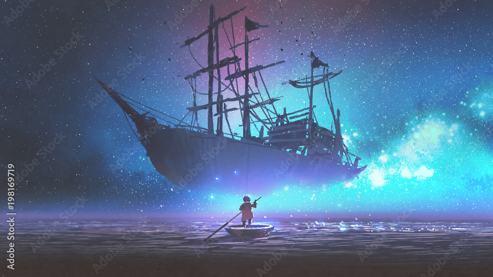 Naklejka premium mały chłopiec wioślarstwo łodzi na morzu i patrząc na żaglowiec pływających w gwiaździste niebo, styl sztuki cyfrowej, malarstwo ilustracja