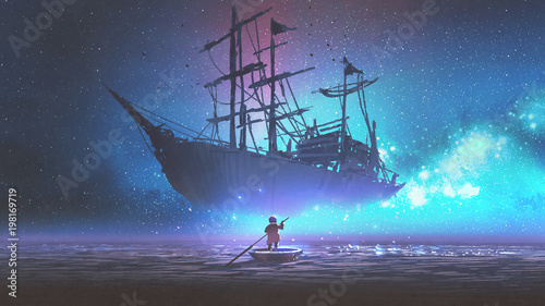 Obraz chłopiec żeglujący obok statku w gwieździstą noc