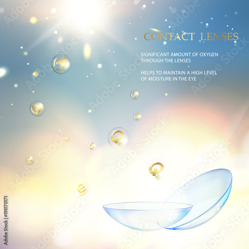 Best blue contact lenses for your eye color. Awesome medical illustration of rain drop over blue science background and text place at the top of image. Vector illustration.
