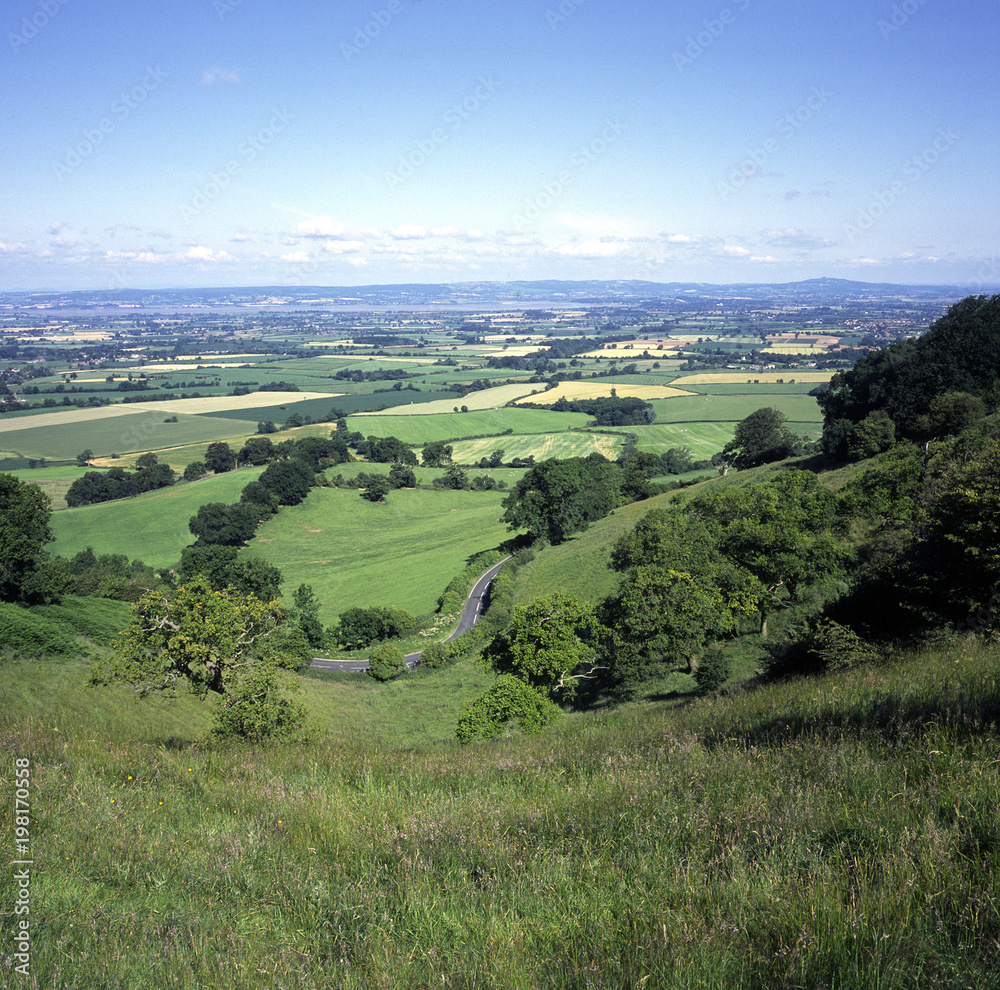 England, Cotswolds, Gloucestershire, Nympsfield, Frocester Hill, Coaley Peak viewpoint, View over Severn Vale