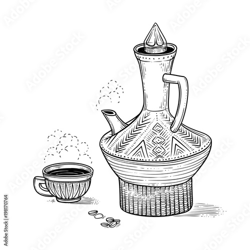 Ethiopian vintage coffeepot and figured cup with a hot drink and a flavored vapor, coffee beans. Vector sketch drawing engraving style. Illustration black and white items of Arabic coffee ceremony.