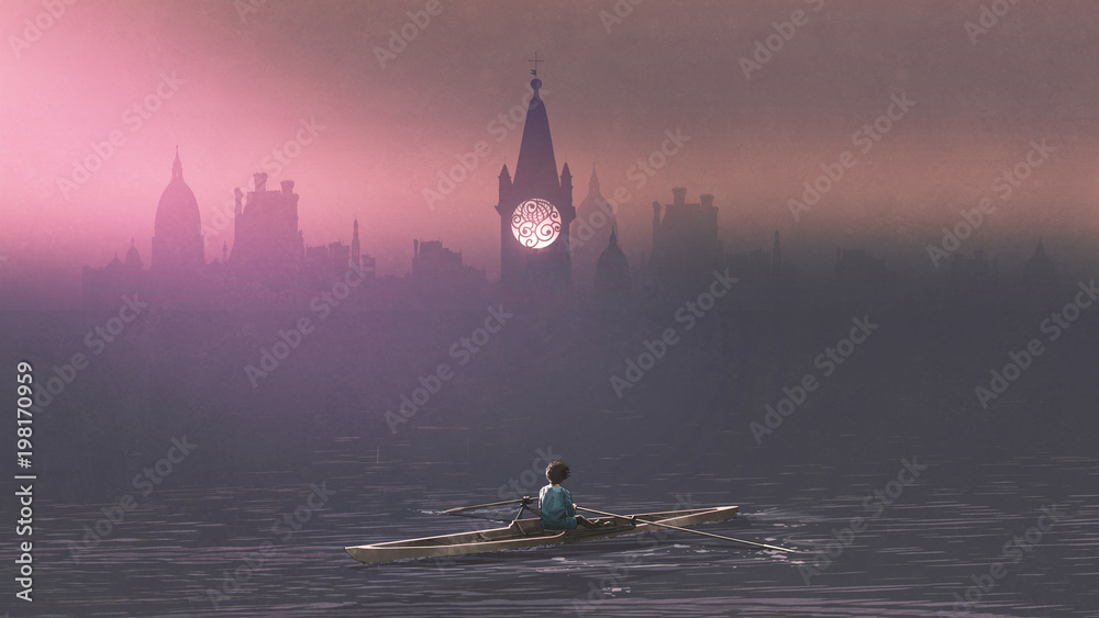 Naklejka premium Chłopiec wiosłuje łódź w morzu i mgła z antycznymi zamkami w tle, cyfrowym sztuka stylu, ilustracyjny obraz