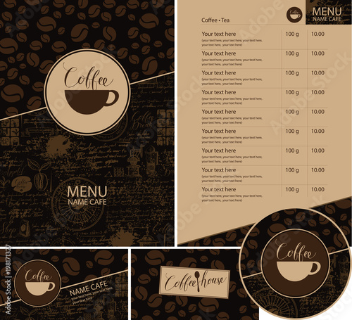 Vector set of design elements for coffee house. Menu, business cards and coasters for drinks with cup of hot coffee on dark background with a pattern of coffee beans and old manuscript