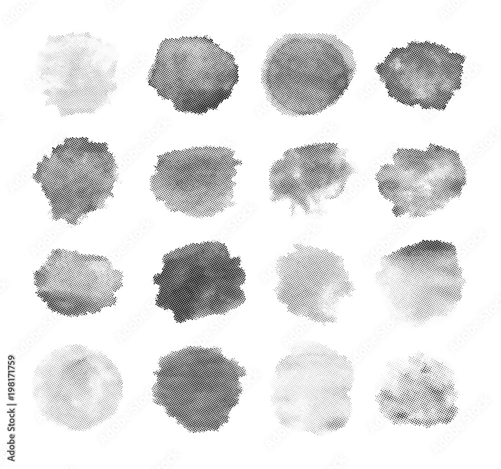 Set of Halftone stamp vector brushes isolated on white background. Abstract paint strokes in pop art dotted style. Banner design elements