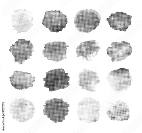 Set of Halftone stamp vector brushes isolated on white background. Abstract paint strokes in pop art dotted style. Banner design elements