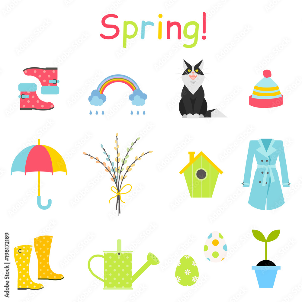 Spring icons set, flat style. Gardening cute collection of design elements, isolated on white background.