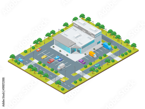 Supermarket or Shop Building Concept 3d Isometric View. Vector