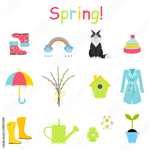 Spring icons set, flat style. Gardening cute collection of design elements, isolated on white background.