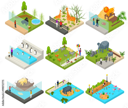 Public Zoo Set Concept 3d Isometric View. Vector