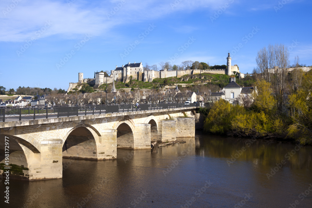 Chinon town and chateau seen beyond the bridge over the Vienne Rive, Indre-et-Loire, France