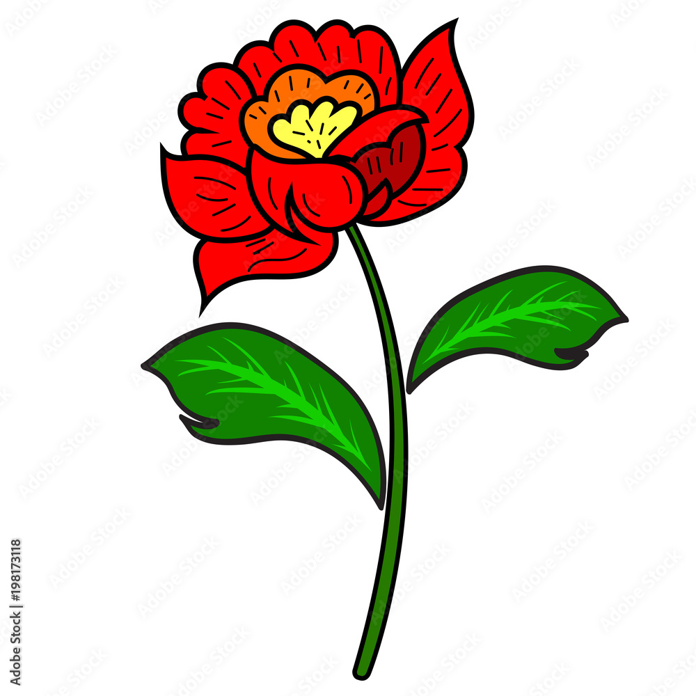 Red flower with a stem and leaves Red flower with a stem and leaves