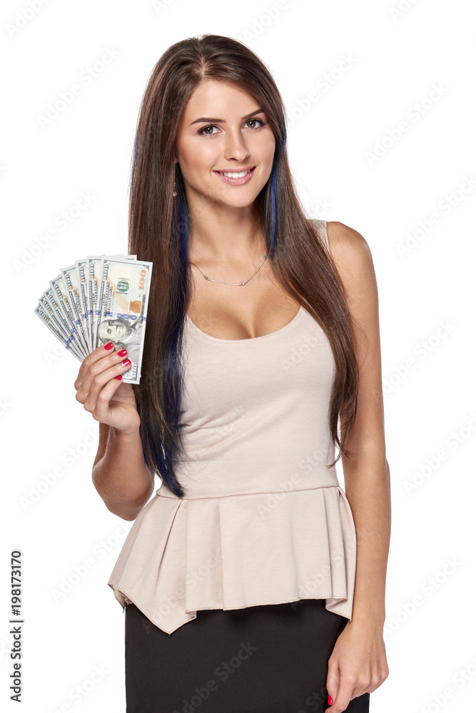 Smiling woman with us dollar money in hand over white background Smiling woman with us dollar money in hand over white background